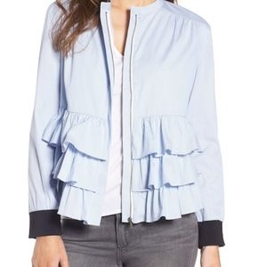 Chelsea28 Blue Pinstripe Ruffle Zip Up Jacket